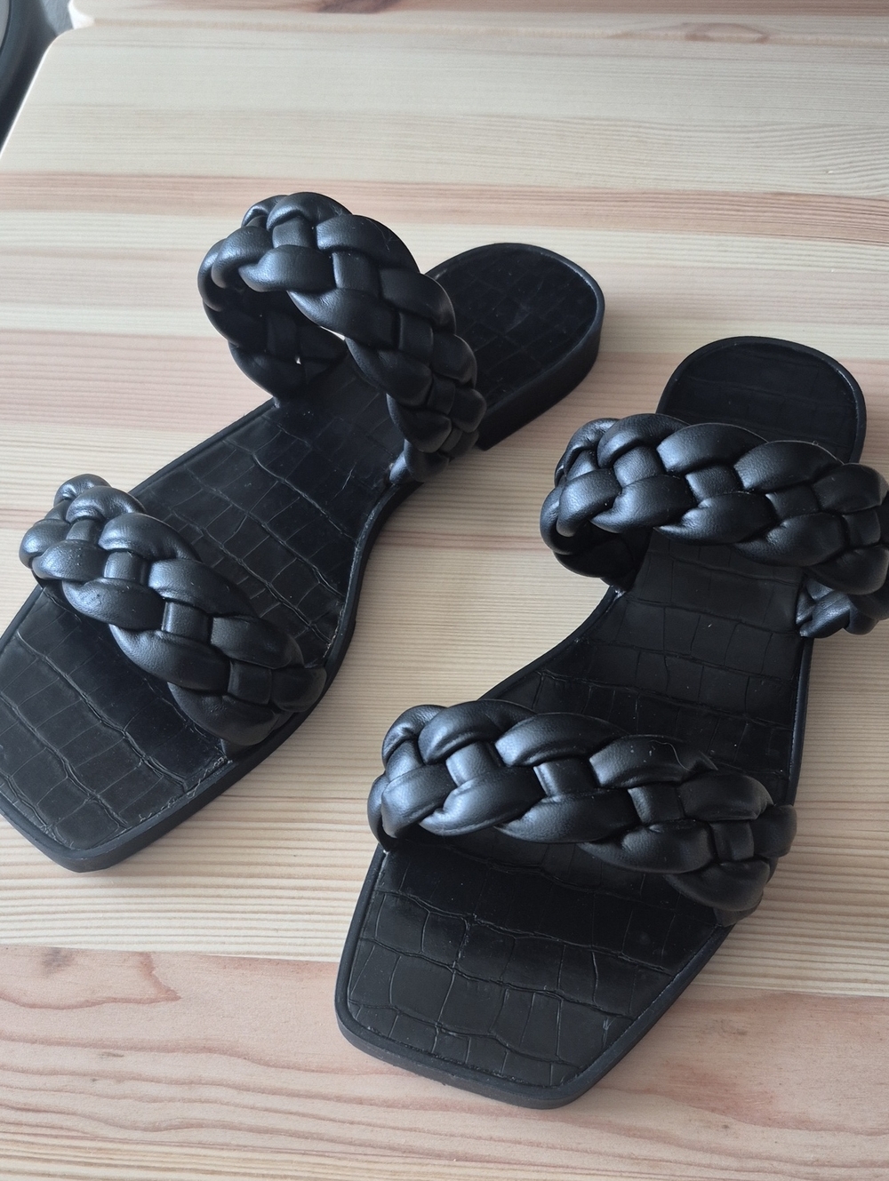 Woven Double-Strap Black Slide Sandals - Women's